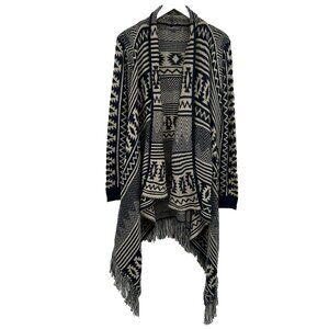 Metric Duster Cardigan Sweater‎ Size Large Fringe Stretch Knit Open Draped Front